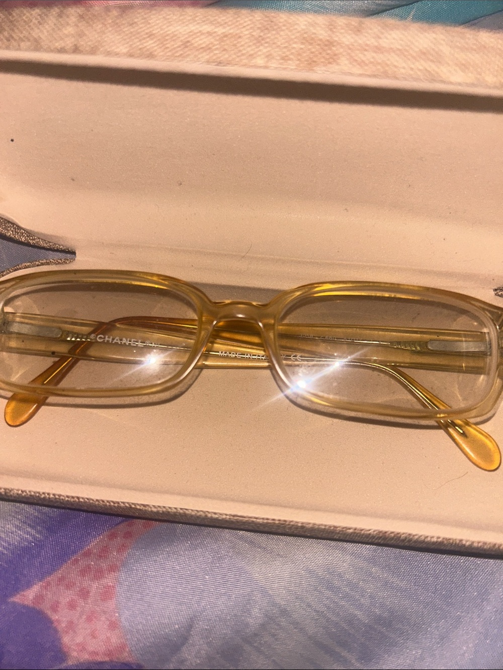 CHANEL translucent amber rectangular eyeglasses